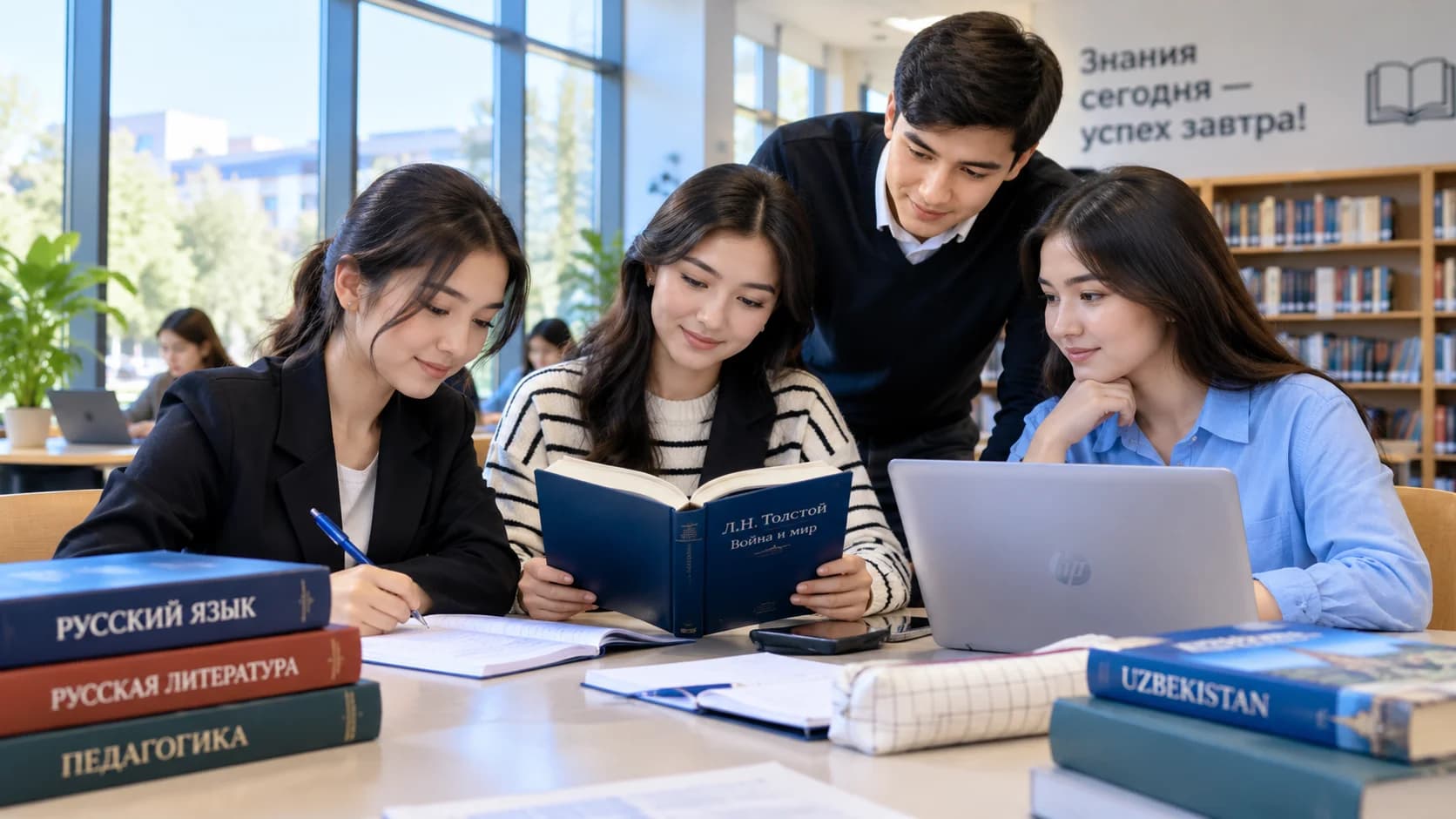 Zamonaviy universitet kutubxonasida birgalikda dars tayyorlayotgan talabalar. Ular rus tili va adabiyotiga oid kitoblarni o‘qib, daftar va noutbuk yordamida bilimlarini oshirmoqda.