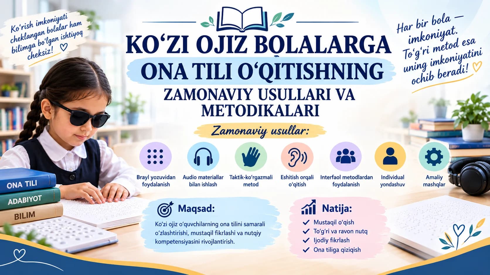 Rasmda ko‘zi ojiz bolalarga ona tilini o‘qitishning zamonaviy usullari, ta’lim vositalari va metodik yondashuvlari aks ettirilgan.